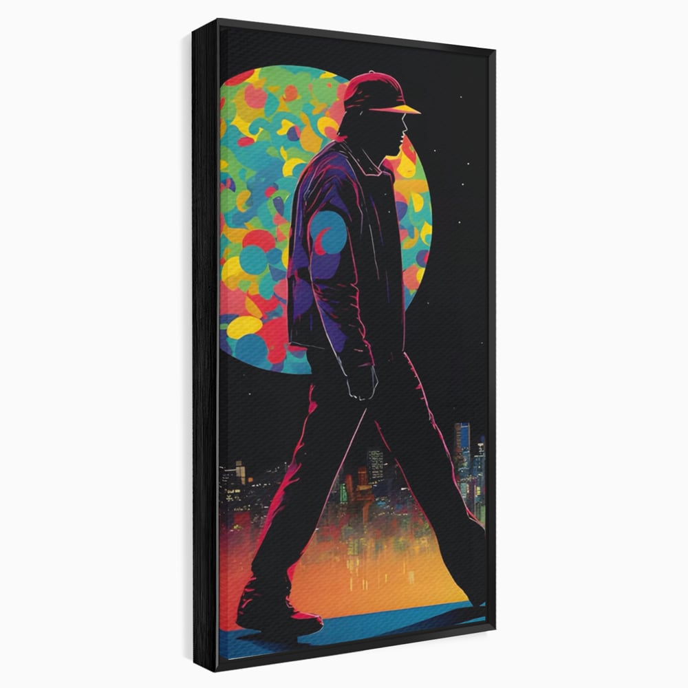 Tablou canvas cu tablou vertical cu silueta de barbat si oras, in rama de aluminiu negru